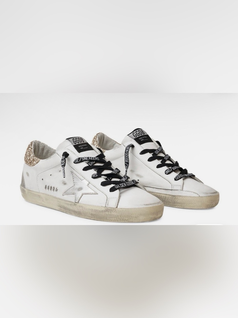 Golden Goose White Leather Sneakers with Gold Heel and Silver Star